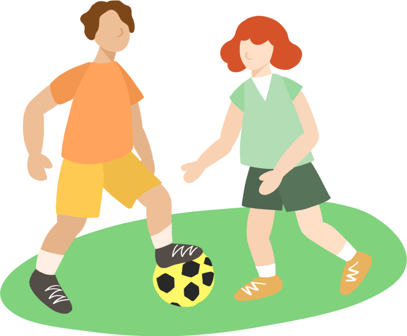 An artist's illustration of two students playing soccer.