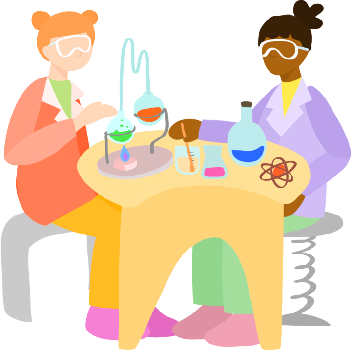 An artists illustration of two female grade 8 students in lab coats conducting a science experiment at a table with a beaker.