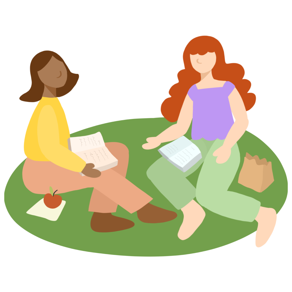 An artists illustration of two high school students sitting on the grass, engrossed in their books.