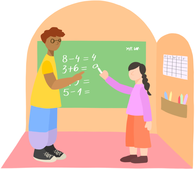 An artist's illustration of a teacher instructing a student in front of a chalkboard with several arithmetic problems.