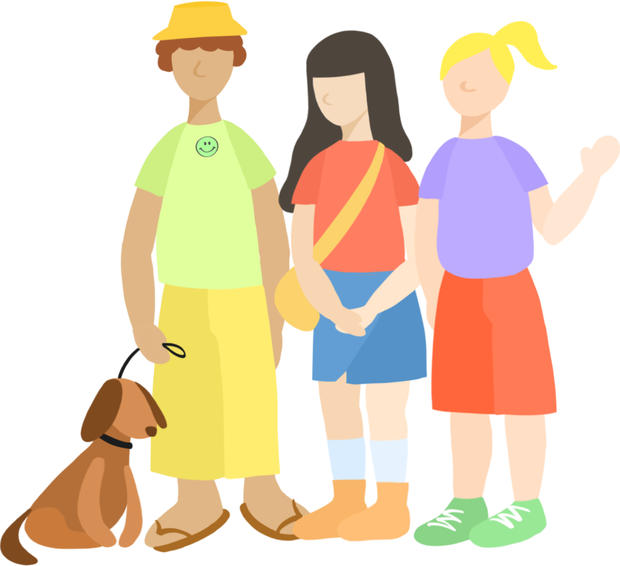 An artist's illustration of three students standing next to each other preparing to go on an outdoor adventure with a dog on a leash.