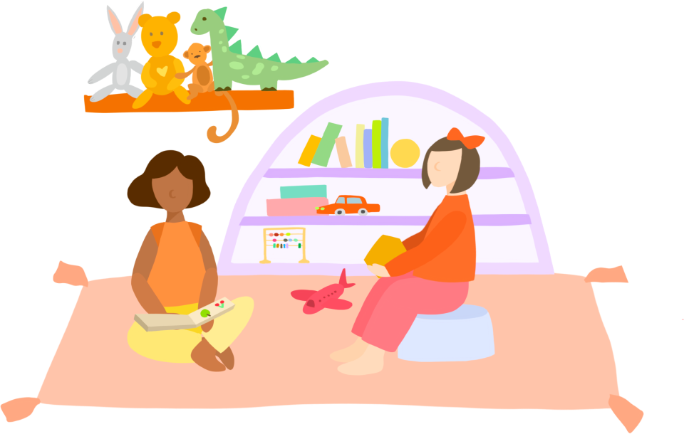 An artist's illustration of a mother and her daughter on a rug in a child's bedroom with stuffed animals, books and toys on shelving.