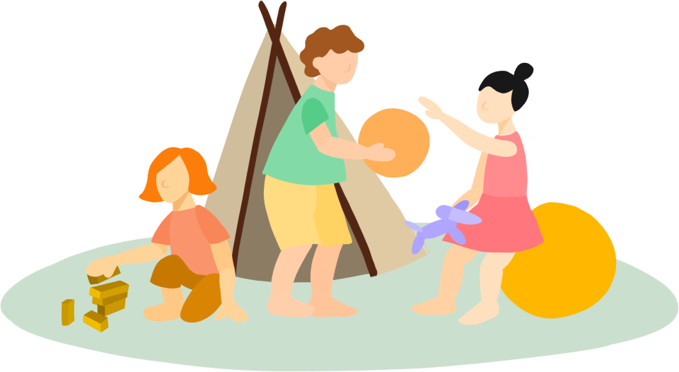 An artist's illustration of three children playing with various toys on a circular rug with a play teepee in the center.