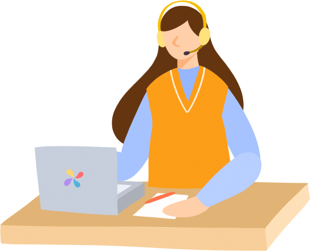 An artist's illustration of a female scientist with a green lab coat viewing a specimen through a microscope on a round table.