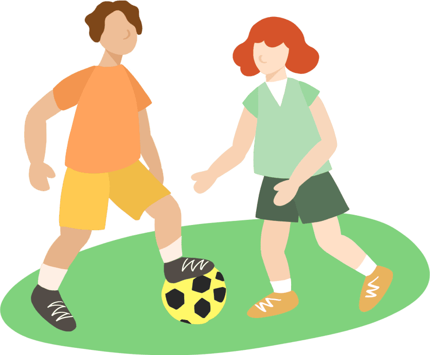 An artist's illustration of two students playing soccer.