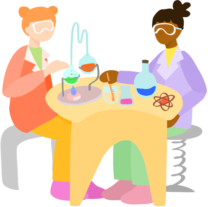 An artists illustration of two female grade 8 students in lab coats conducting a science experiment at a table with a beaker.