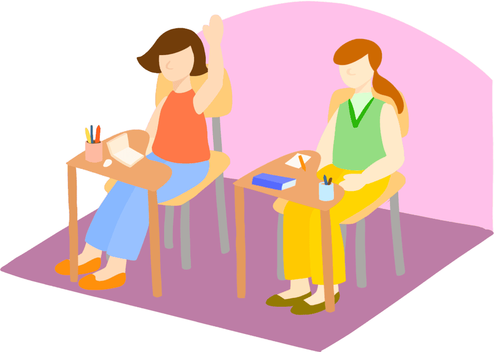 An artist's illustration of two students sitting in school desks and one student is raising their hand to ask a question.