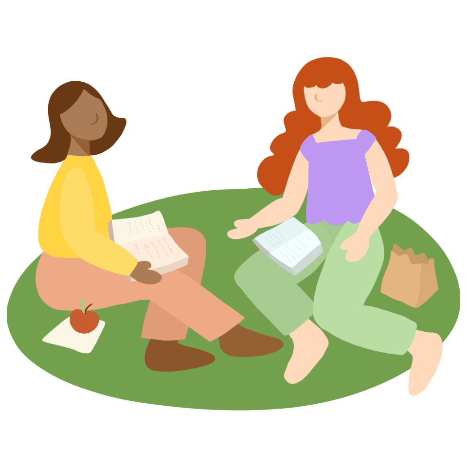 An artists illustration of two high school students sitting on the grass, engrossed in their books.
