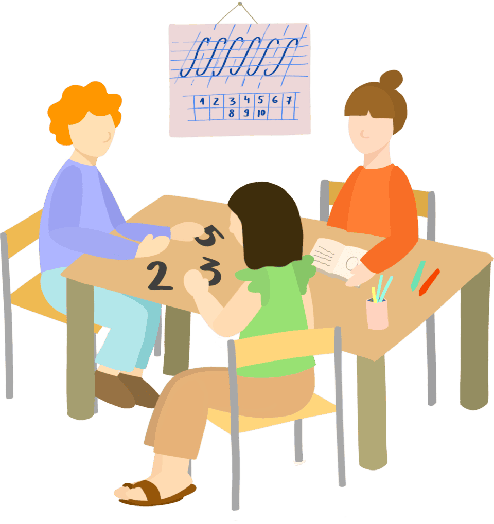 An artist's illustration of three children at a table with paper and pencils scattered around and a fictional calendar hanging on the wall.