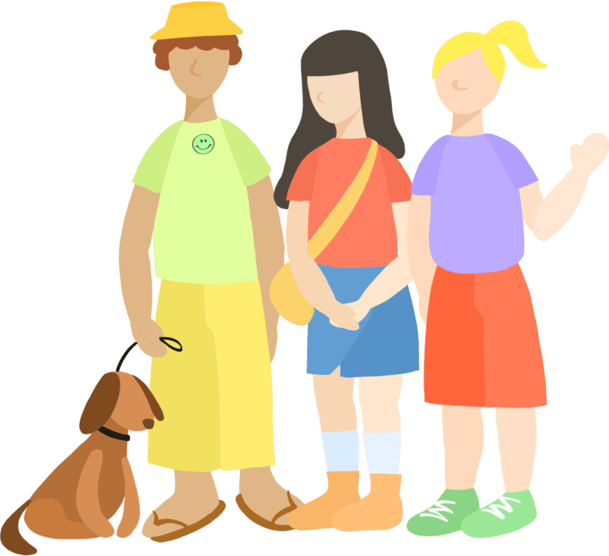 An artist's illustration of three students standing next to each other preparing to go on an outdoor adventure with a dog on a leash.