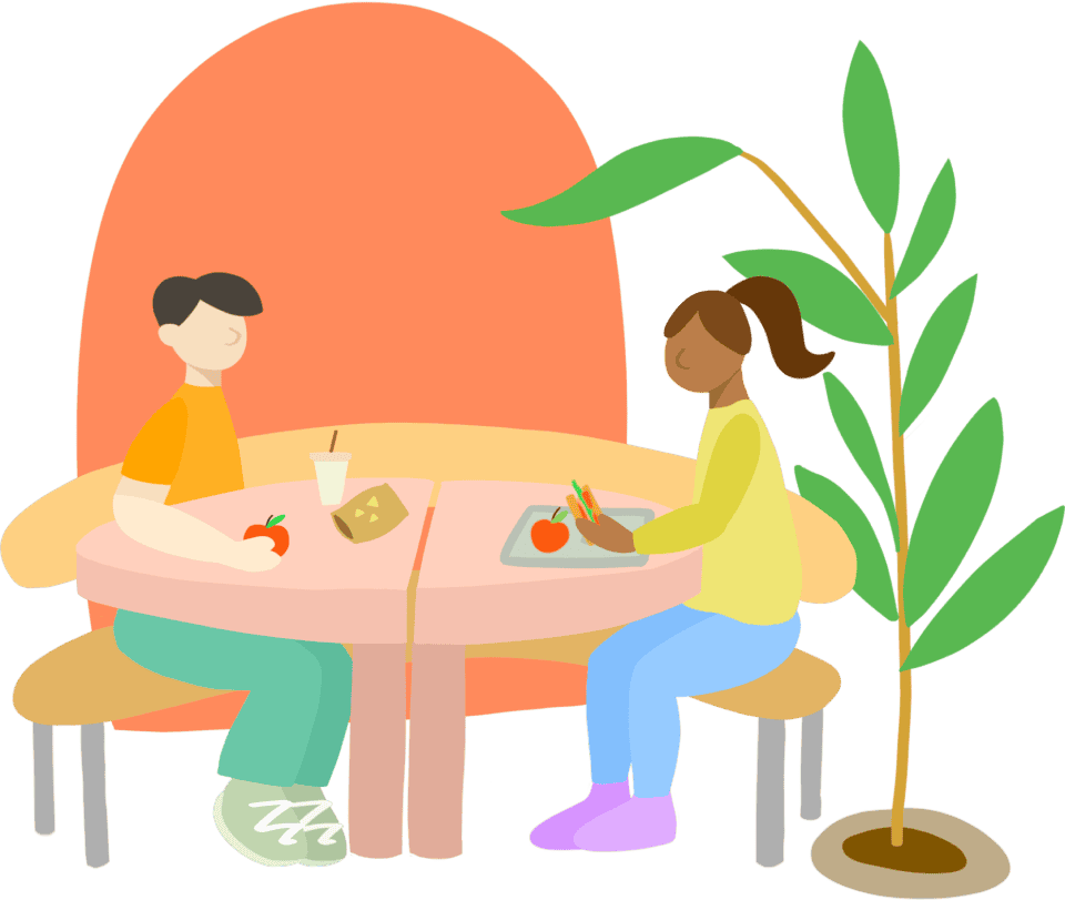 An artists illustration of two young students in grade 7 sitting at a table, sharing a meal.