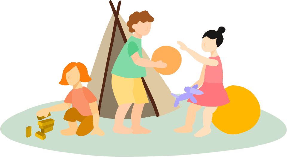 An artist's illustration of three children playing with various toys on a circular rug with a play teepee in the center.