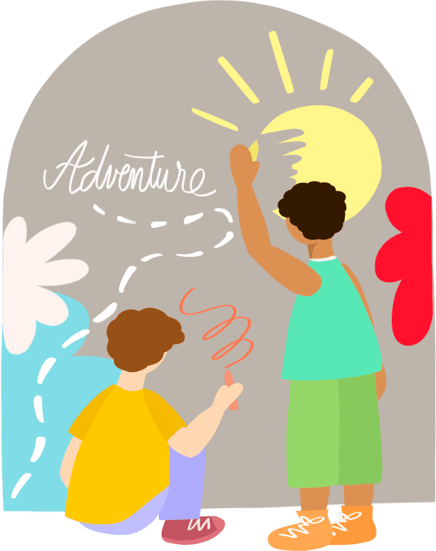 An artist's illustration of two children interacting with art on a wall. One is drawing the other is playing shadow games with his hands.