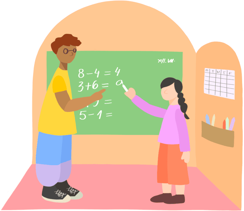 An artist's illustration of a teacher instructing a student in front of a chalkboard with several arithmetic problems.