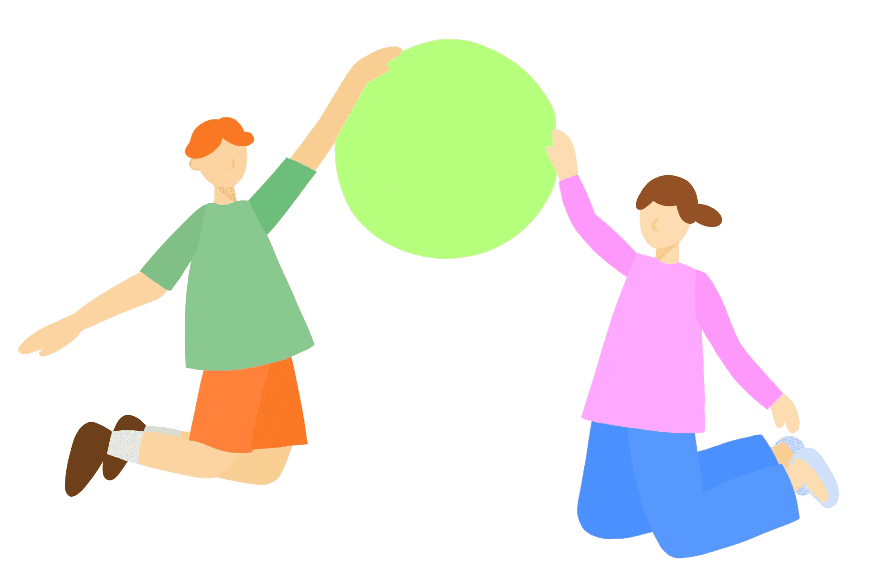 An artist's illustration of two high school students jumping together and playing with a ball.