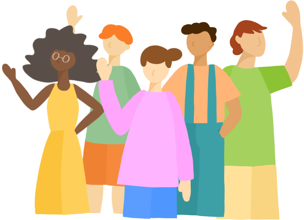 An artist's illustration of a group of diverse people standing next to each other and waving with one arm.