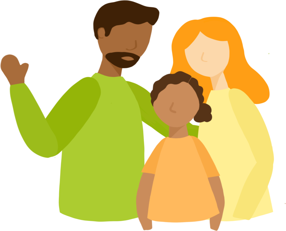 An artist's illustration of a family with a young teenage daughter, the father has one arm around the mother and waving with the other.