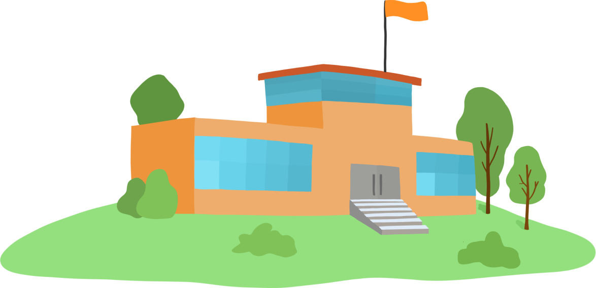 An artist's illustration of a modern school building with a flag on the roof and grass and trees for landscaping.