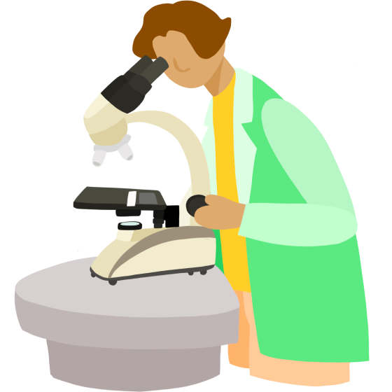 An artist's illustration of a female scientist with a green lab coat viewing a specimen through a microscope on a round table.